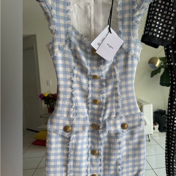Balmain blue and white Vichy Tweed Gingham Minidress - Picture 2 of 4